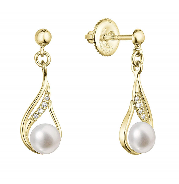 Elegantní zlaté náušnice s říční perlou a brilianty 91PB00047