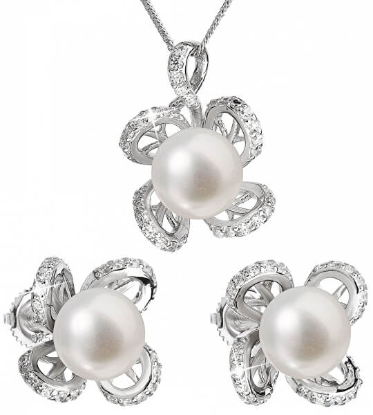 Luxusní stříbrná souprava s pravými perlami Pavona 29016.1 (náušnice, řetízek, přívěsek)