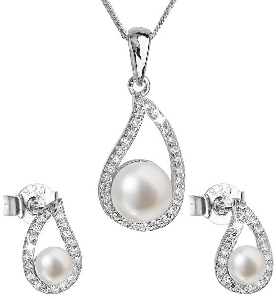 Luxusní stříbrná souprava s pravými perlami Pavona 29027.1 (náušnice, řetízek, přívěsek)