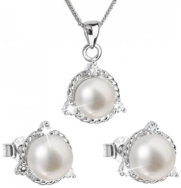 Luxusní stříbrná souprava s pravými perlami Pavona 29033.1 (náušnice, řetízek, přívěsek)