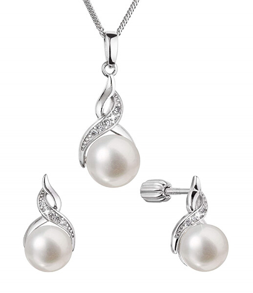 Luxusní stříbrná souprava s pravými perlami a zirkony 29054.1B (náušnice, řetízek, přívěsek)