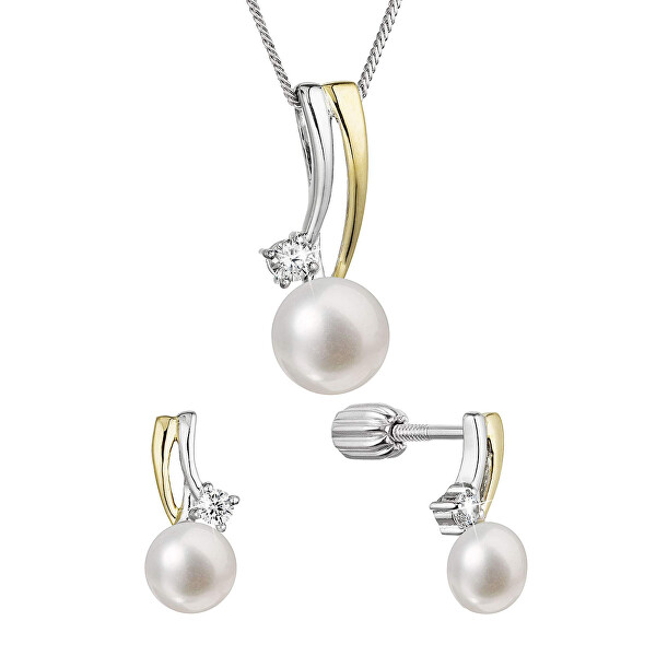 Set de bijuterii cu perle decorate cu pietre de zircon și perlă de râu 29071.1B (cercei, lănțișor, pandantiv)