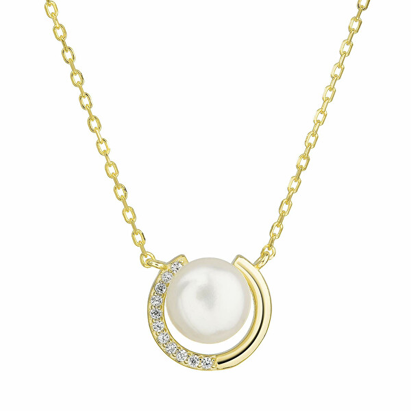Pozlacený náhrdelník s pravou říční perlou a zirkony 22039.1 (řetízek, přívěsek)