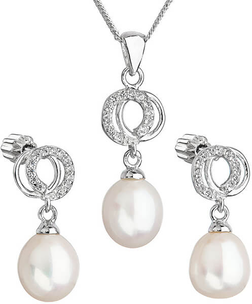 schönes Perlenset mit Zirkonen 29003.1 Weiß (Ohrringe, Halskette, Anhänger)