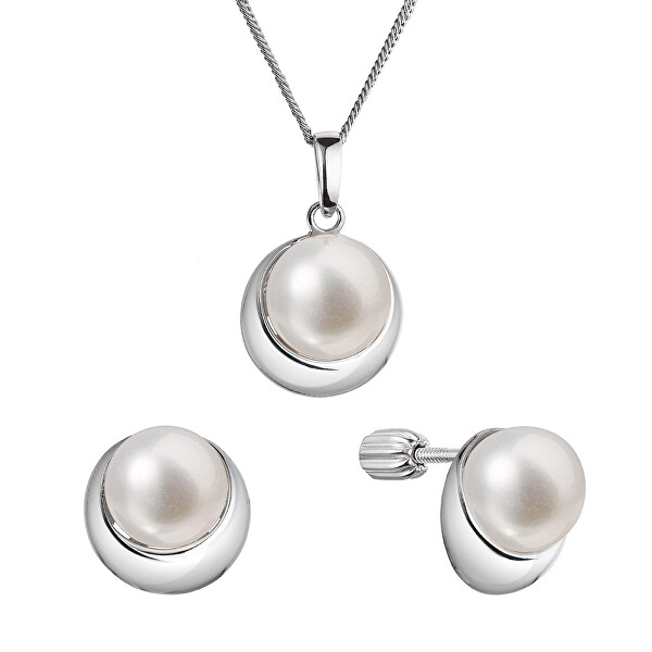 Půvabná sada stříbrných šperků s pravými perlami 29053.1B (náušnice, řetízek, přívěsek)