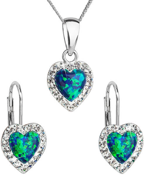 Herzschmuckset mit Kristallen Preciosa 39161.1 & green s.Opal (Ohrringe, Halskette, Anhänger)