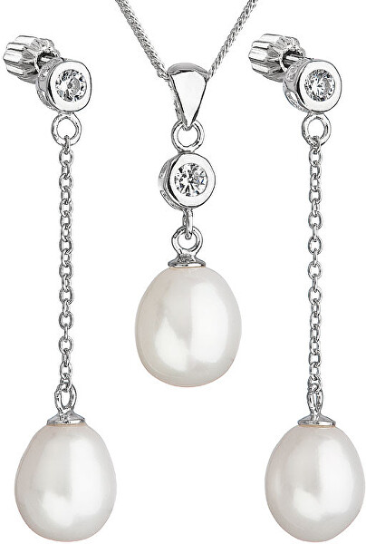 Stříbrná perlová sada se zirkony Pavona 29005.1 AAA bílá (náušnice, řetízek, přívěsek)