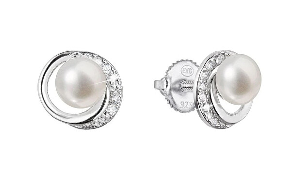 Stříbrné náušnice pecky s kulatou říční perlou a zirkony 21098.1S