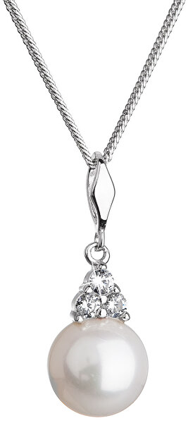 Strieborný náhrdelník s pravou riečnou perlou a zirkónmi 22033.1 (retiazka, prívesok)