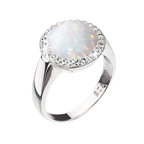 Stříbrný prsten se syntetickým bílým opálem a krystaly Preciosa 35060.1 White
