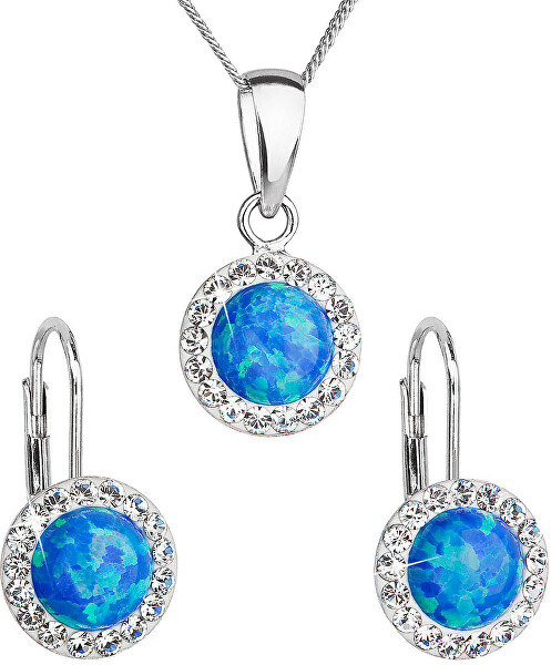 Set di gioielli scintillanti con cristalli Preciosa 39160.1 opale blu (orecchini, catena, pendente)
