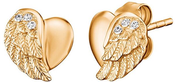 Cercei placați cu aur Inimă cu aripă de înger și zirconi ERE-LILHW-STG