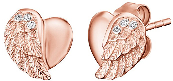 Ružovo pozlátené strieborné náušnice Srdce s anjelským krídlom a zirkónmi ERE-LILHW-STR