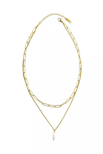 Dvojitý pozlacený náhrdelník s perlou Velora Gold EWN260720G