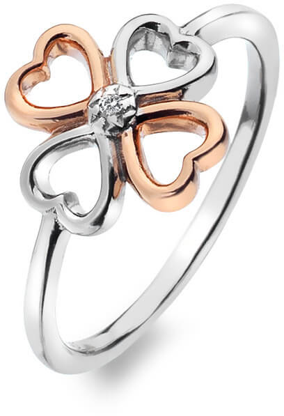 Bicolor stříbrný čtyřlístkový prsten s diamantem Lucky in Love DR216