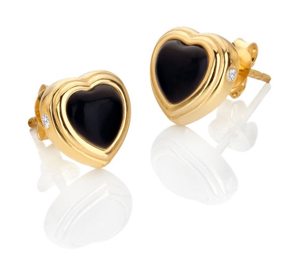 Herzförmige vergoldete Ohrringe mit Diamanten und Onyx Jac Jossa Soul DE788