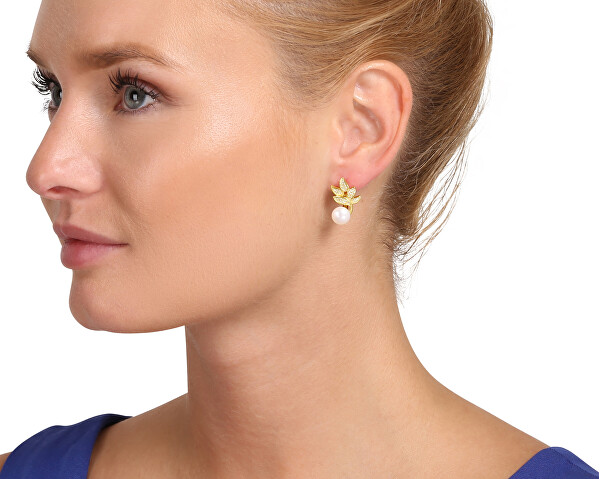 Wunderschöne vergoldete Ohrringe mit echten Perlen und Zirkonen JL0827