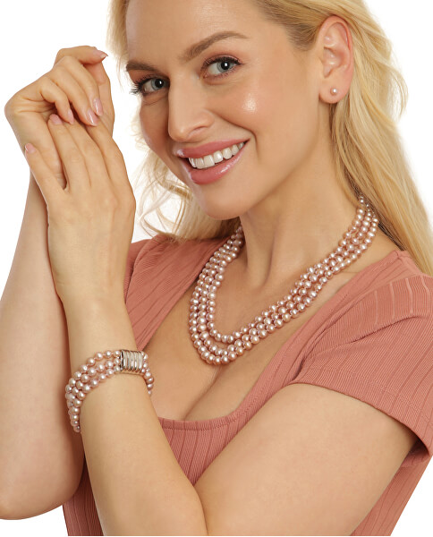 Půvabný třířadý náhrdelník z pravých růžových říčních perel JL0671