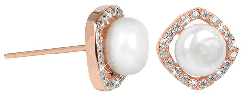 Stříbrné rosegold náušnice s pravou bílou perlou a krystaly JL0252