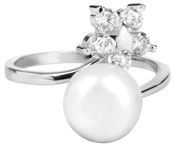 Stříbrný prsten s pravou perlou a čirými krystaly JL0322