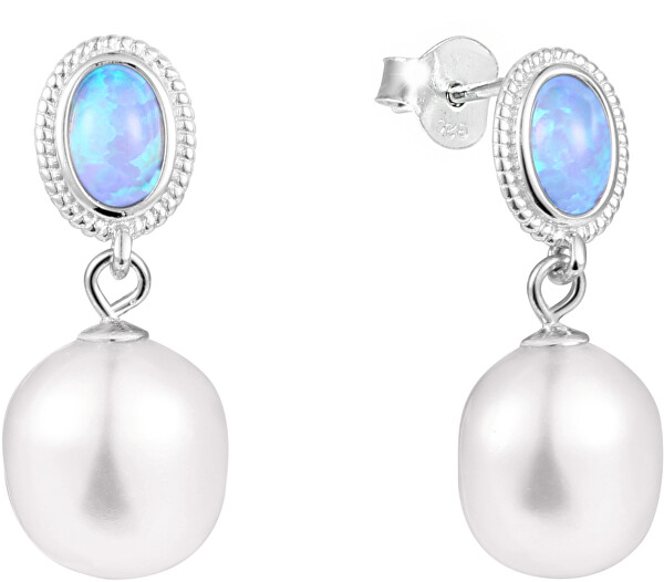 Luxusné náušnice s pravou barokovou perlou a syntetickým opálom JL0583