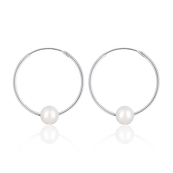 Strieborné náušnice kruhy s pravými bielymi perlami JL0633