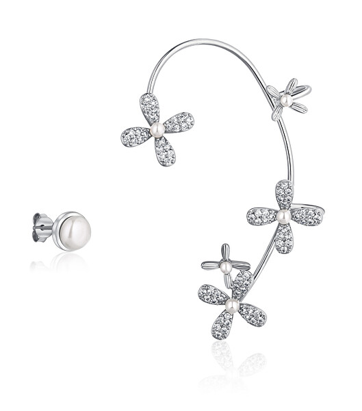 Luxuriöse asymmetrische Silberohrringe mit Perlen und Zirkonen linker Ohrring zum Anziehen JL0778