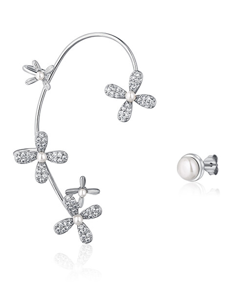 Luxus ezüst aszimmetrikus fülbevaló gyöngyökkel és cirkónium kövekkel - jobb füllyukba JL0779