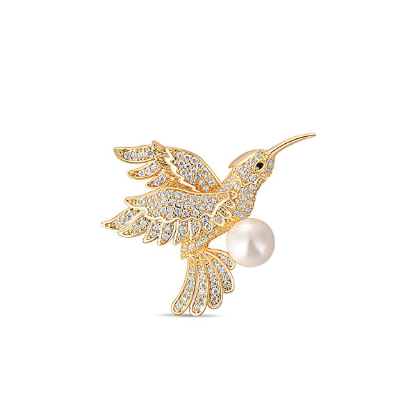 Bájos aranyozott kolibri  bross valódi gyönggyel JL0516