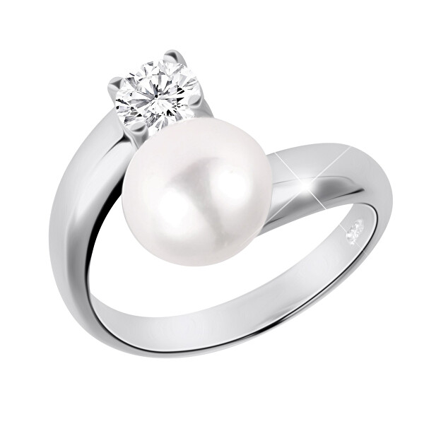 Stříbrný prsten s bílou perlou a čirým krystalem JL0432