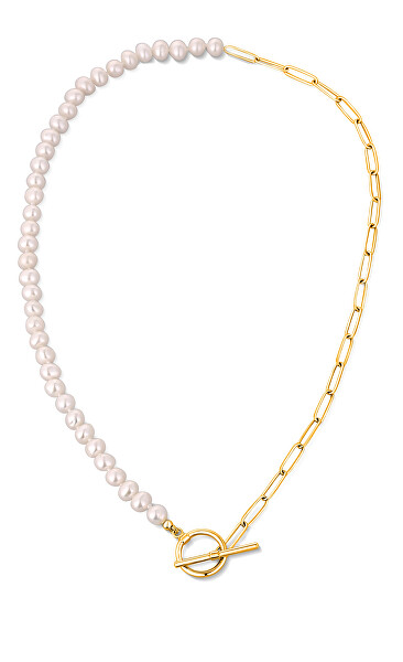 Trendy pozlátený náhrdelník s pravými riečnymi perlami JL0787