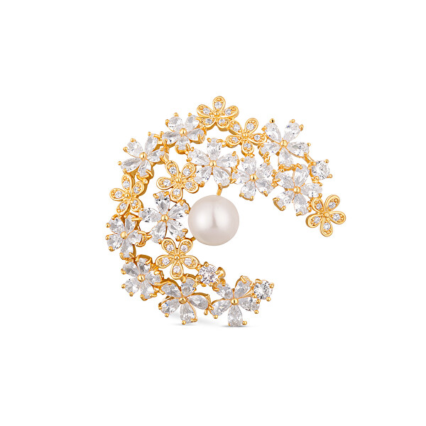 Třpytivá pozlacená brož 2v1 s pravou perlou a krystaly JL0730