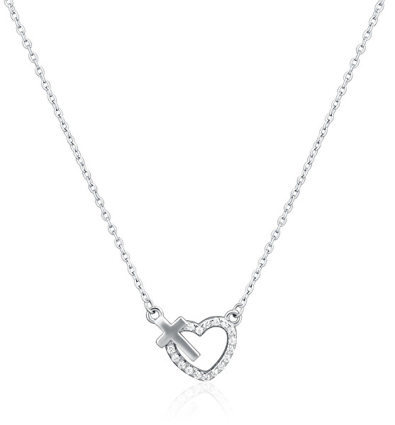 Silberne Halskette Kreuz und Herz mit Zirkonen SVLN0436XH2BI45