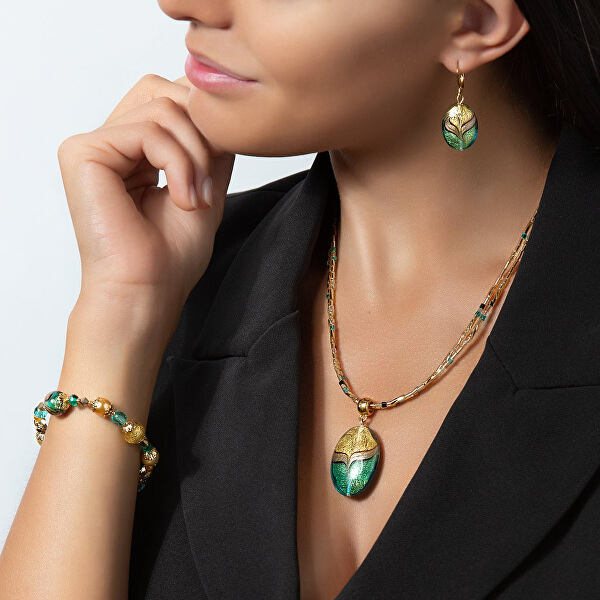 Elegante collana da donna Green Sea World con perla Lampglas con oro 24 carati e avventurina NP26