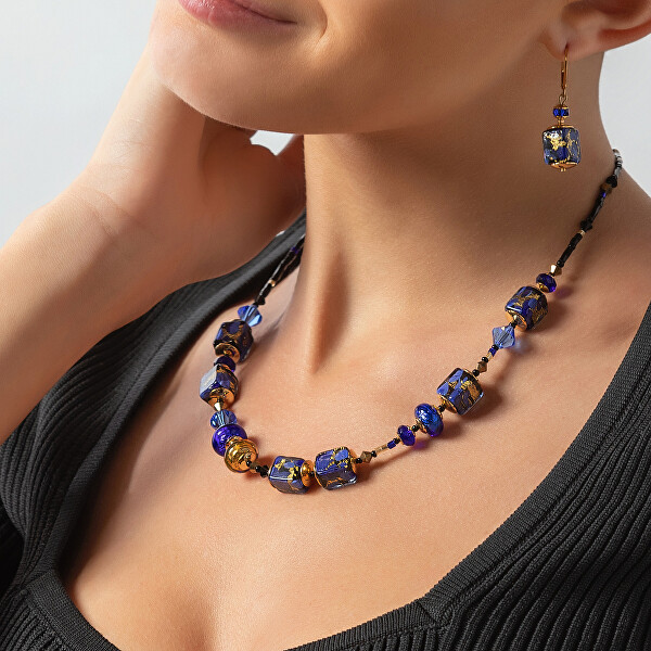 Elegante Halskette Deep Blue mit 24 Karat Gold und reinem Silber in Perlen Lampglas NCU50