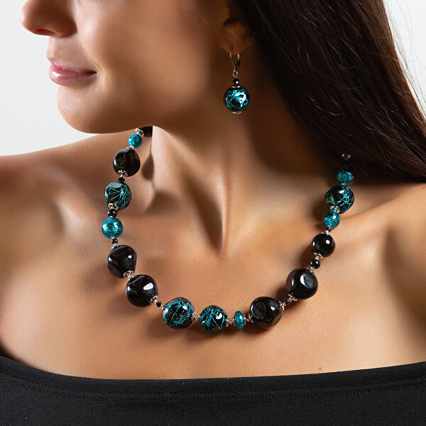 Set elegant de bijuterii Turquoise Icon din perle Lampglas cu argint pur CQ3 (colier, cercei)