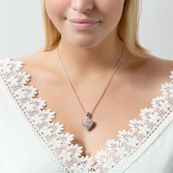 Něžný náhrdelník Romantic Heart s perlou Lampglas s ryzím stříbrem NLH6