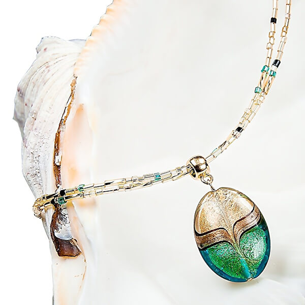 Colier elegant pentru femei Green Sea World cu perla Lampglas cu aur de 24 de carate si aventurină NP26