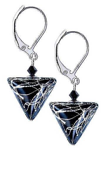 Elegantné náušnice Black Marble Triangle s rýdzim striebrom v perlách Lampglas ETA2