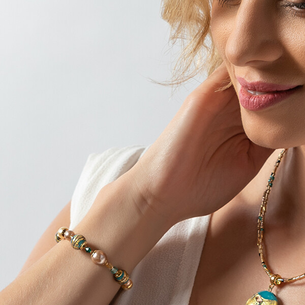 Schönes Armband Turquoise Gold mit Lampglas Perlen mit 24 Karat Gold BP24
