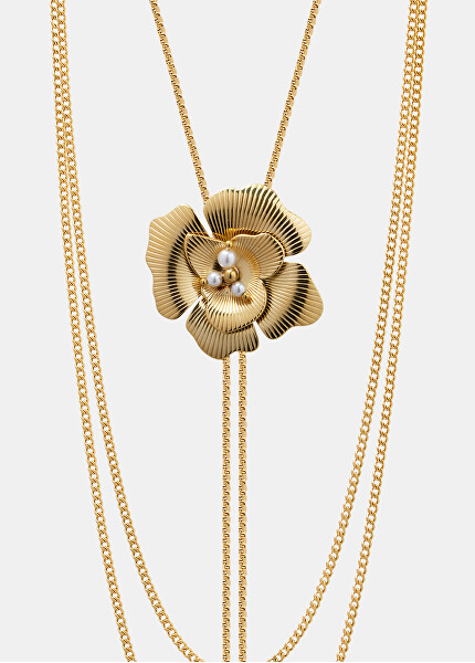 Dlouhý pozlacený náhrdelník Květina s perličkou LJ3078