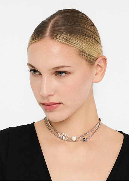 Dvojitý ocelový náhrdelník se syntetickou perlou LJ2803