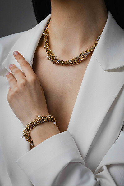 Vícevrstvý pozlacený náramek s krystaly a perličkami LJ3075