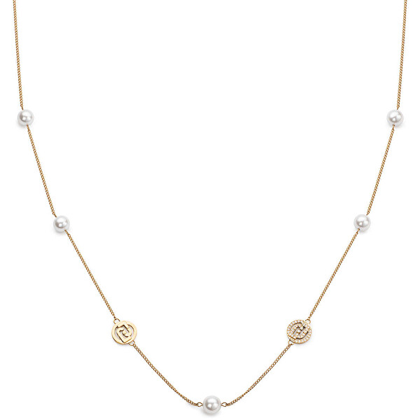 Dlhý pozlátený náhrdelník s perlami a logami Fashion LJ2095