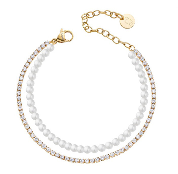 Dvojitý pozlacený náramek se syntetickými perlami LJ3027