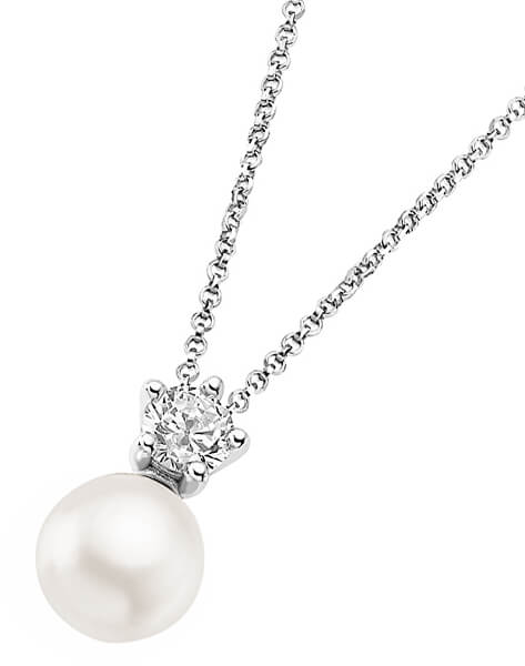 Nežný strieborný náhrdelník s čírym zirkónom a syntetickou perlou LP1800-1 / 1