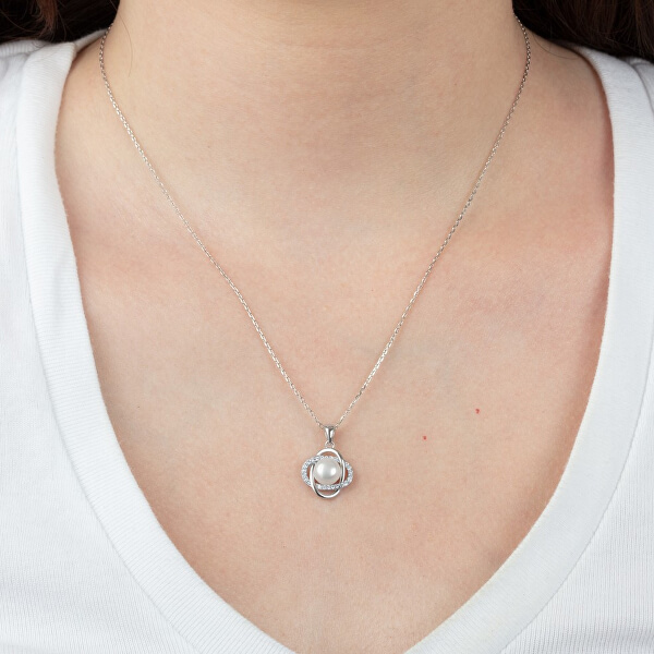 Něžný stříbrný náhrdelník s čirými zirkony a syntetickou perlou LP3094-1/1