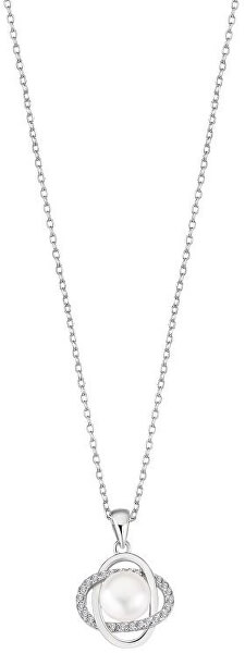 Nežný strieborný náhrdelník s čírymi zirkónmi a syntetickou perlou LP3094-1 / 1