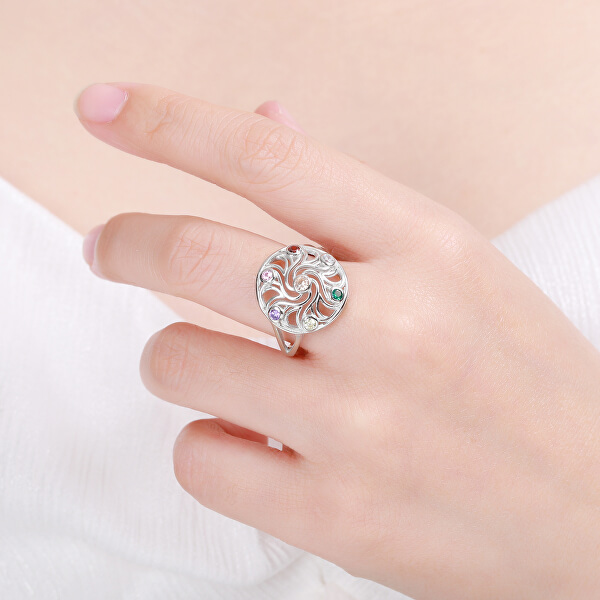 Hravý stříbrný prsten s barevnými zirkony R00021
