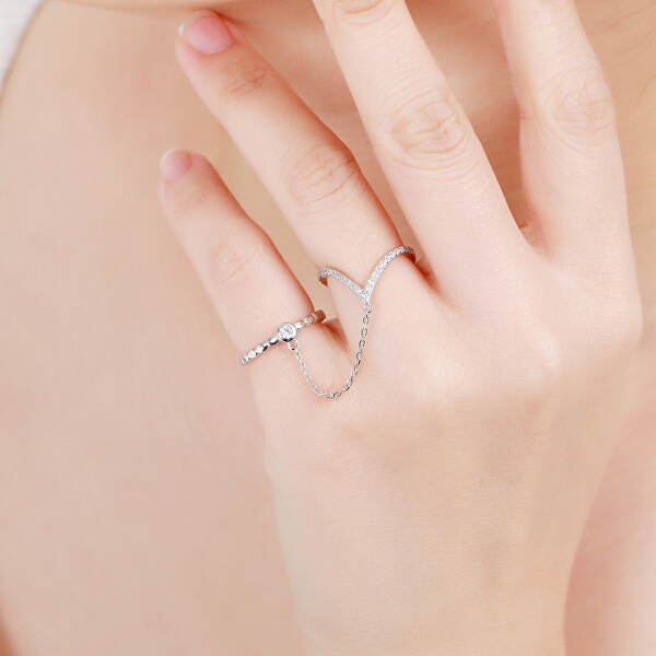Netradiční dvojitý prsten ze stříbra se zirkony R00022